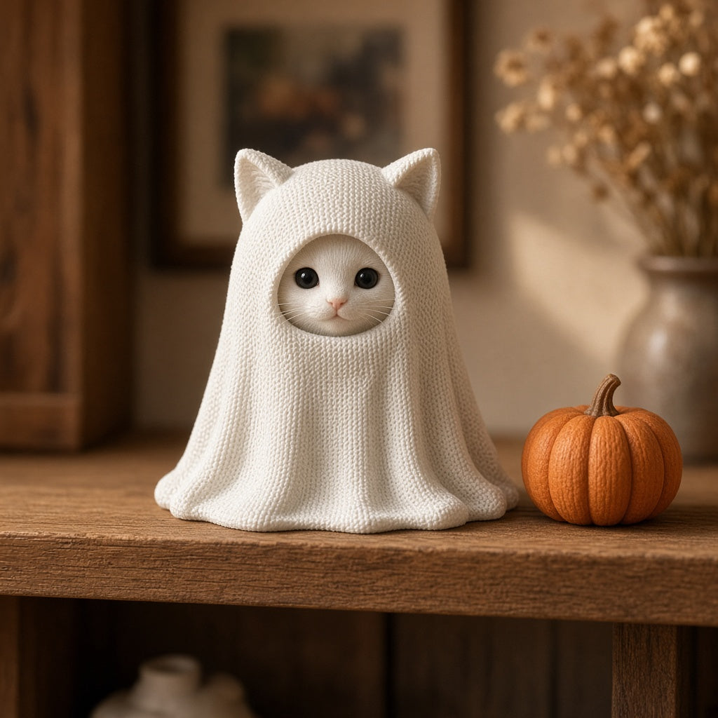 Knit-look ghost kitty on a shelf