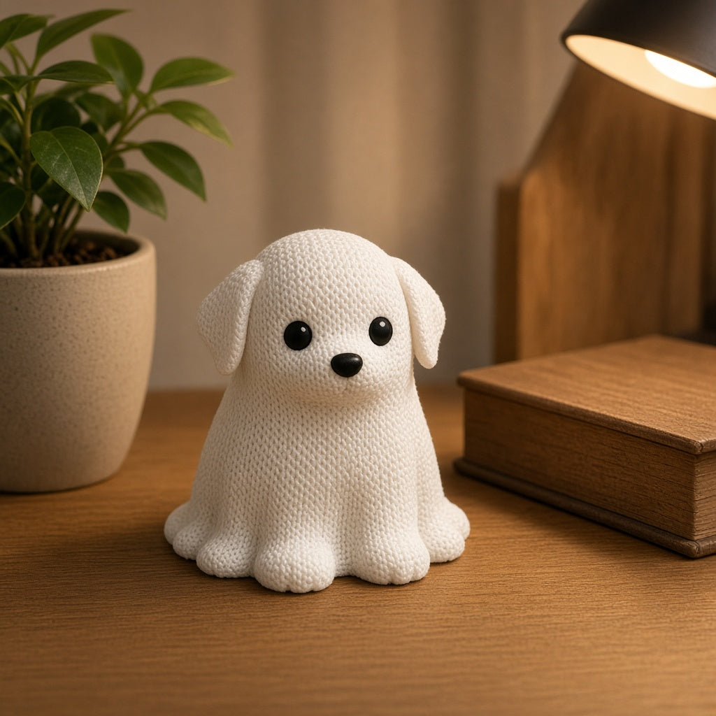 Knit-look ghost puppy on a desk