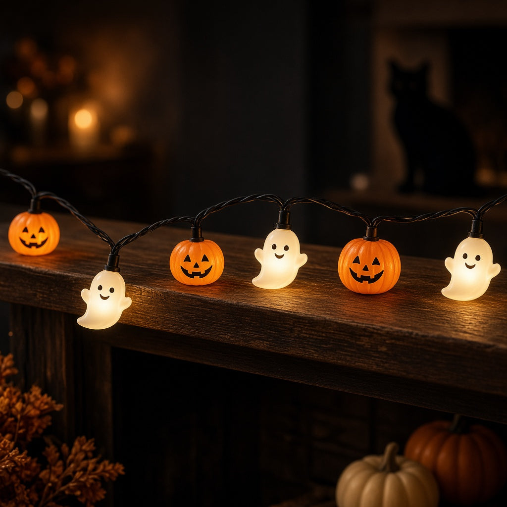 Mixed pumpkin and ghost lights on a mantel