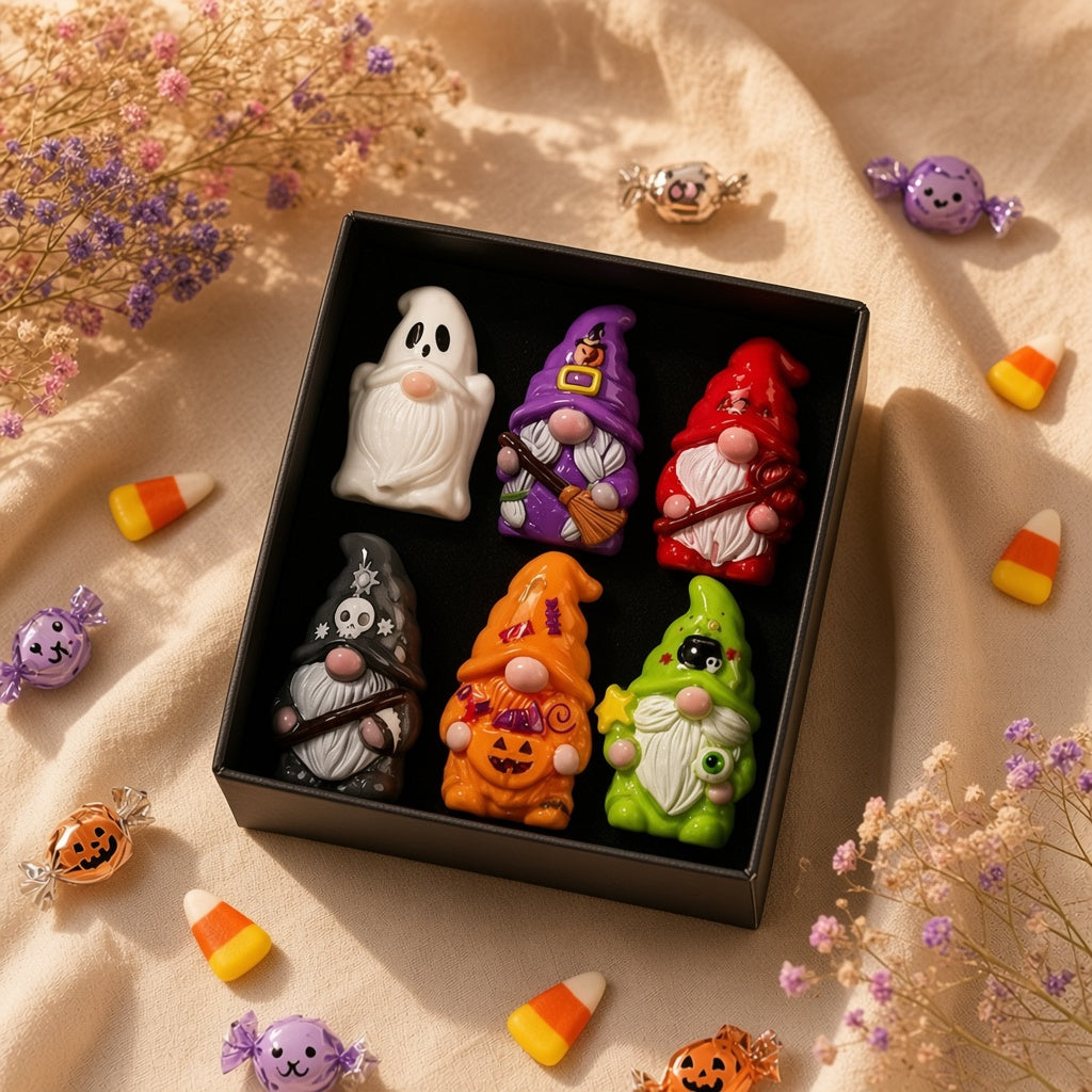 A gift box of tiny Halloween gnomes on a sunlit table